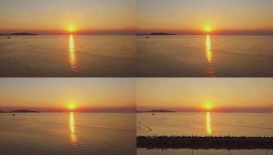 苏州太湖横山岛日落航拍高清在线视频素材下载