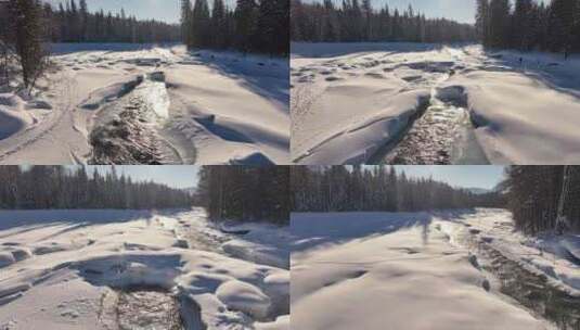 阿勒泰禾木冬季冰雪河流航拍自然户外风景高清在线视频素材下载