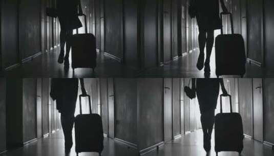 暗黑走廊里拉着行李箱的女人剪影高清在线视频素材下载