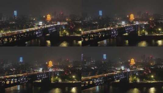 武汉长江大桥夜景航拍高清在线视频素材下载