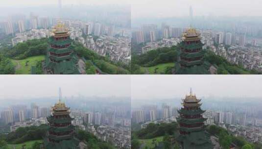 重庆鸿恩寺航拍鸿恩阁与嘉陵江两岸高楼大厦高清在线视频素材下载