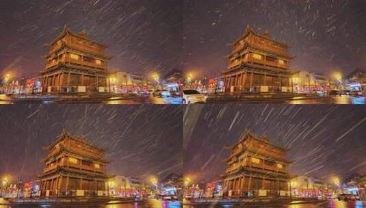 山西大同古城鼓楼夜景飘雪下雨雪景高清在线视频素材下载