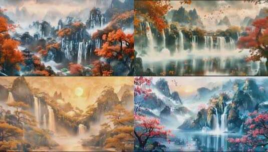 秋日仙侠世界瀑布风景高清在线视频素材下载