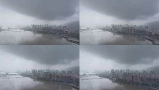 夏天汛期雨季来临，城市上空雨雾弥漫高清在线视频素材下载