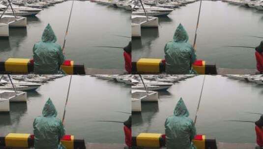 在雨中垂钓的渔夫高清在线视频素材下载