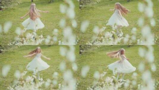 白色连衣裙女孩在草地旋转高清在线视频素材下载