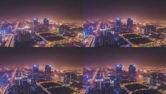 郑州东站双子塔城市夜景无人机航拍延时摄影高清在线视频素材下载