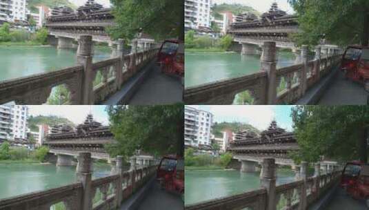 蓝天白云下的湖北省恩施州宣恩县侗族风雨桥景色高清在线视频素材下载