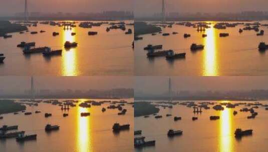 武汉阳逻港，货运轮船长焦环绕镜头高清在线视频素材下载