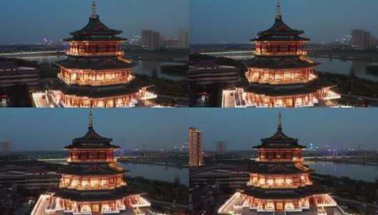 陕西咸阳清渭楼夜景航拍高清在线视频素材下载