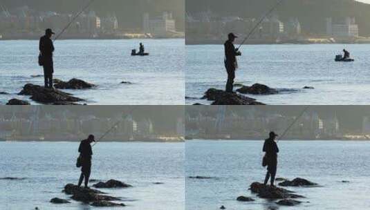 清晨海边钓鱼的人 意境休闲钓鱼高清在线视频素材下载