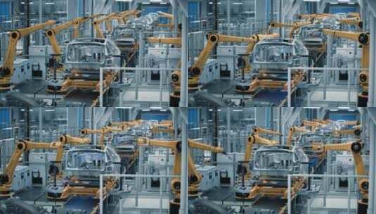 汽车工厂机械臂焊接车架高清在线视频素材下载