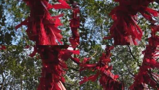挂满祈福的红绸带升格空镜高清在线视频素材下载