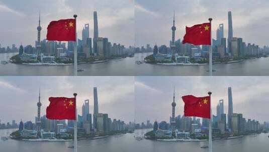 五星红旗国旗和上海外滩浦东陆家嘴天际线高清在线视频素材下载