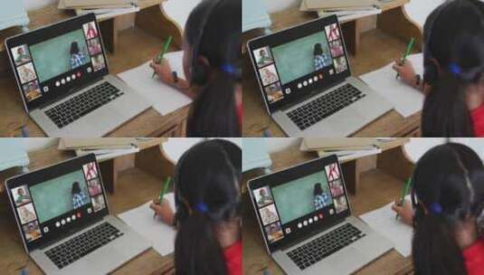 女学生在家使用笔记本电脑进行在线课程，屏幕上有不同的老师和班级高清在线视频素材下载