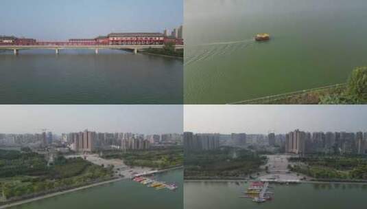 咸阳市咸阳湖古渡廊桥景区游客泛舟航拍高清在线视频素材下载
