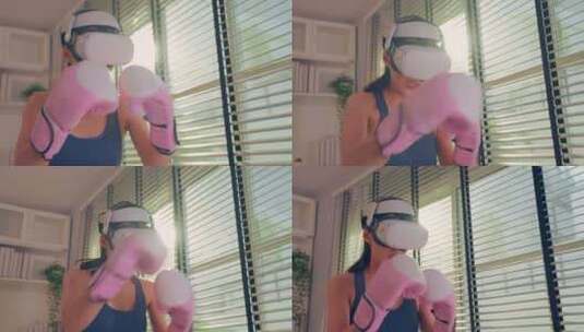 女运动员使用VR眼镜进行锻炼高清在线视频素材下载
