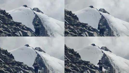 攀登横断山脉乌库楚雪山的登山者徒步进山高清在线视频素材下载