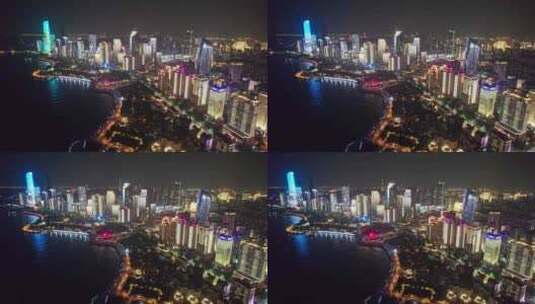 中国山东青岛五四广场城市夜景灯光秀航拍高清在线视频素材下载