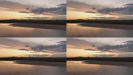 呼伦贝尔自然风光海拉尔河湿地晚霞倒影水面高清在线视频素材下载