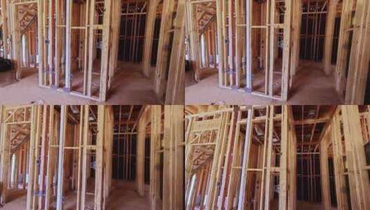 新建未完工住宅施工中木结构支撑梁高清在线视频素材下载