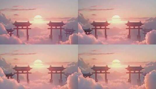 国风开场动画，云层之上的仙宫门庭高清在线视频素材下载