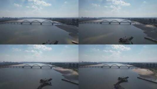 杭州钱塘江九堡大桥江边江景风景航拍高清在线视频素材下载