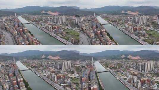 航拍广东香格里拉云髻山下的新丰县城市风光高清在线视频素材下载