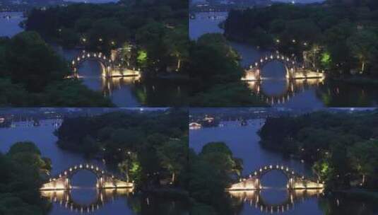 航拍杭州湘湖石拱桥夜景高清在线视频素材下载