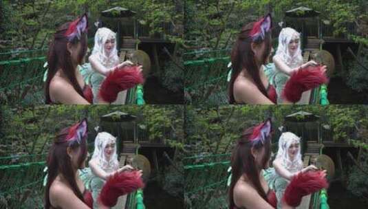 cosplay美女在碧峰峡野生动物园做活动高清在线视频素材下载