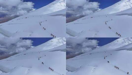 航拍冰川之父慕士塔格峰雪山冰川上的登山队高清在线视频素材下载