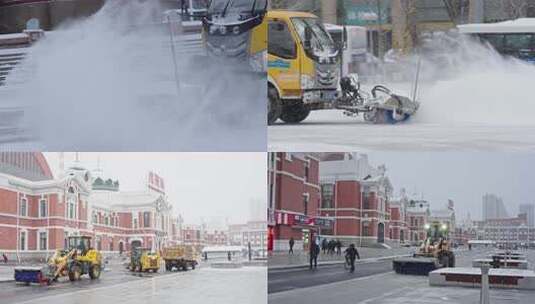 多段素材北方冬天除雪机械扫雪车清雪作业高清在线视频素材下载