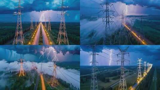 雷雨天气下的输电塔和高压线_高清在线视频素材下载