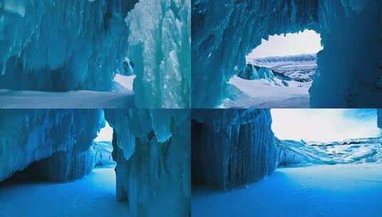 冰洞晶莹 蓝光幽深 冰川环绕 雪原寂静高清在线视频素材下载