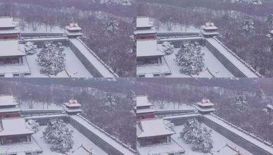 辽宁沈阳北陵公园清昭陵大雪中古建筑航拍高清在线视频素材下载