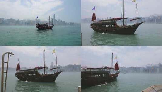 香港维多利亚港中式帆船画面高清在线视频素材下载