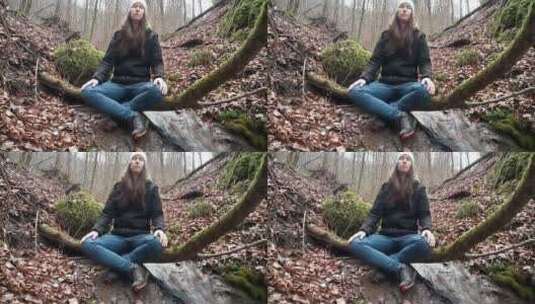 坐在森林中冥想的女人高清在线视频素材下载