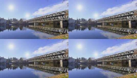 湖水倒映的桥梁和天空高清在线视频素材下载