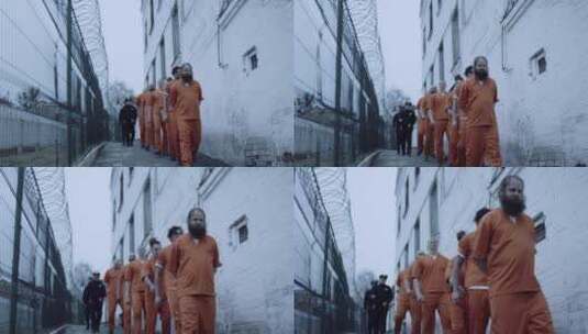 监狱囚犯在排队行走高清在线视频素材下载