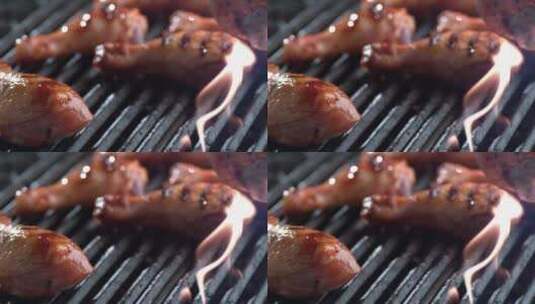 在烧烤架上烤牛排的慢镜头高清在线视频素材下载