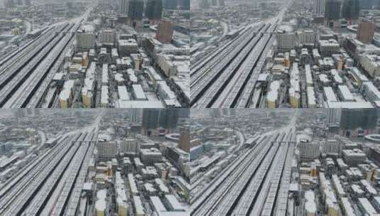 航拍火车轨道冬天雪景高清在线视频素材下载