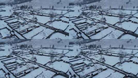 航拍东北林区冬季日暮雪村高清在线视频素材下载