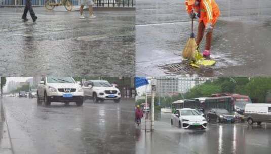 城市街头暴雨车辆驶过高清在线视频素材下载