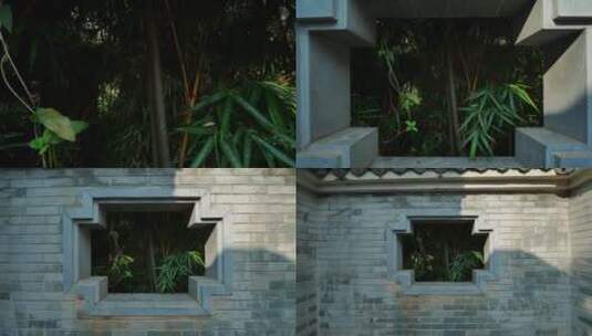 中式园林庭院穿过窗花窗口高清在线视频素材下载