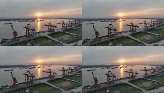 武汉阳逻港，吊机群中景平视环绕镜头高清在线视频素材下载