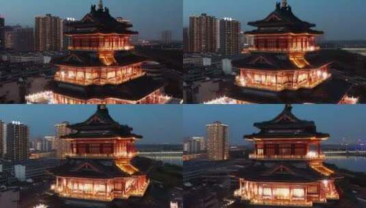 陕西咸阳清渭楼夜景航拍高清在线视频素材下载