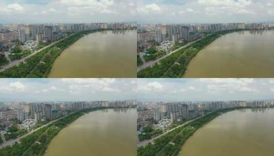 陕西汉中市汉江城市天际线风光航拍高清在线视频素材下载