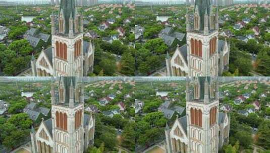 上海松江泰晤士小镇天主教教堂4K航拍高清在线视频素材下载