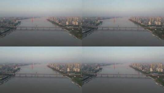湖北武汉长江大桥鹦鹉洲大桥清晨航拍高清在线视频素材下载