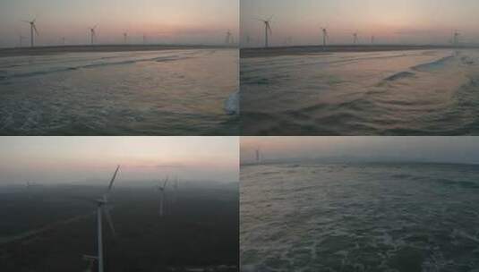 日落夕阳 海边风车航拍4K高清在线视频素材下载